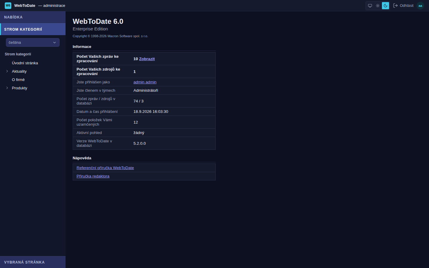 Dashboard administrace WebToDate 6 v tmavém režimu