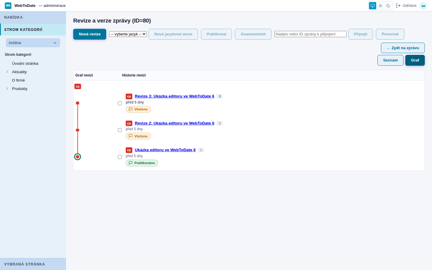 Grafické zobrazení revizí zprávy v administraci WebToDate 6